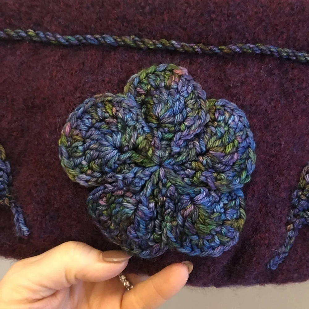 Wool Felted Bag Clutch Crochet Floral Trim Lined Purple Snap Closure